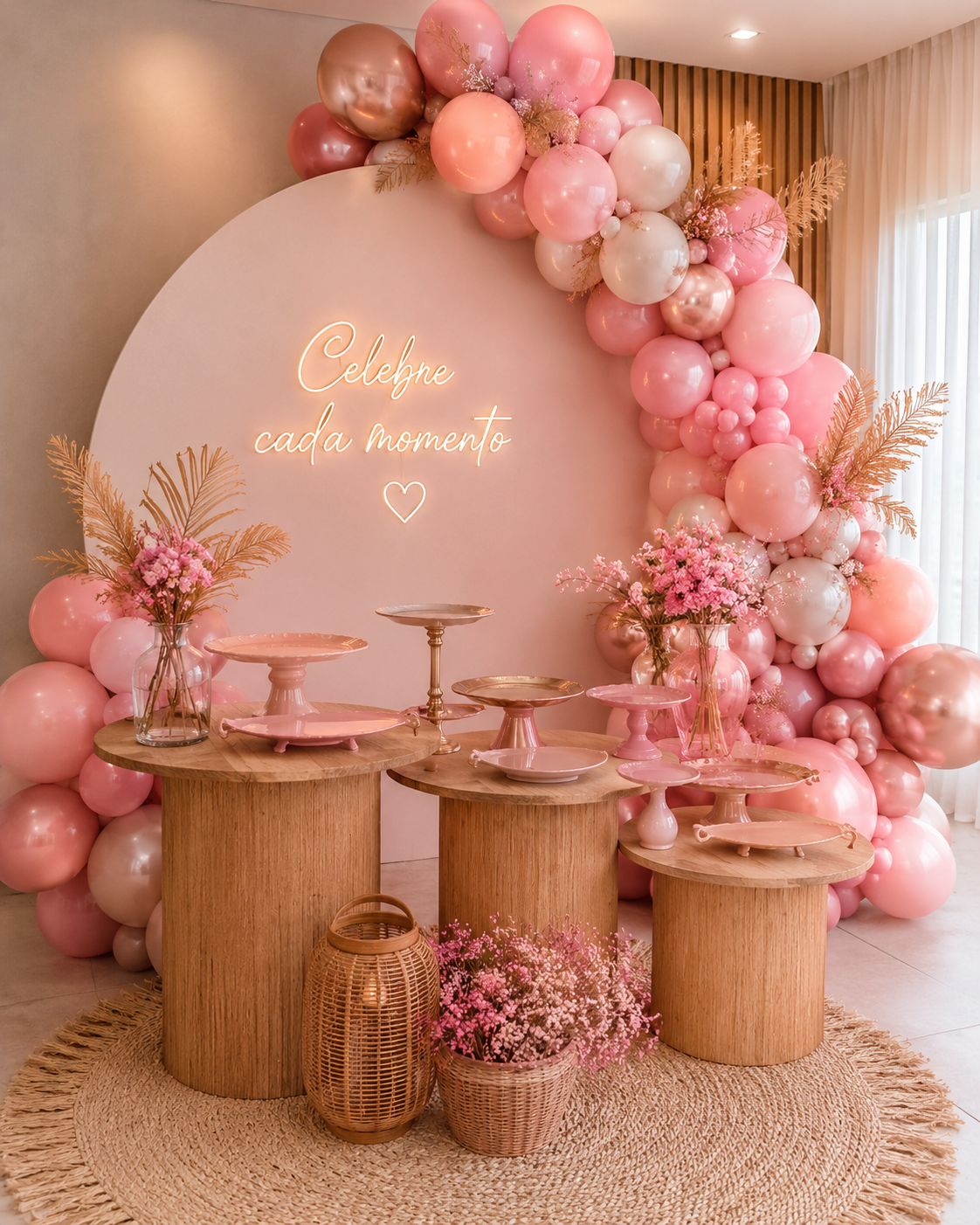 Decoração de festa em rosa com balões e painel Celebre cada momento